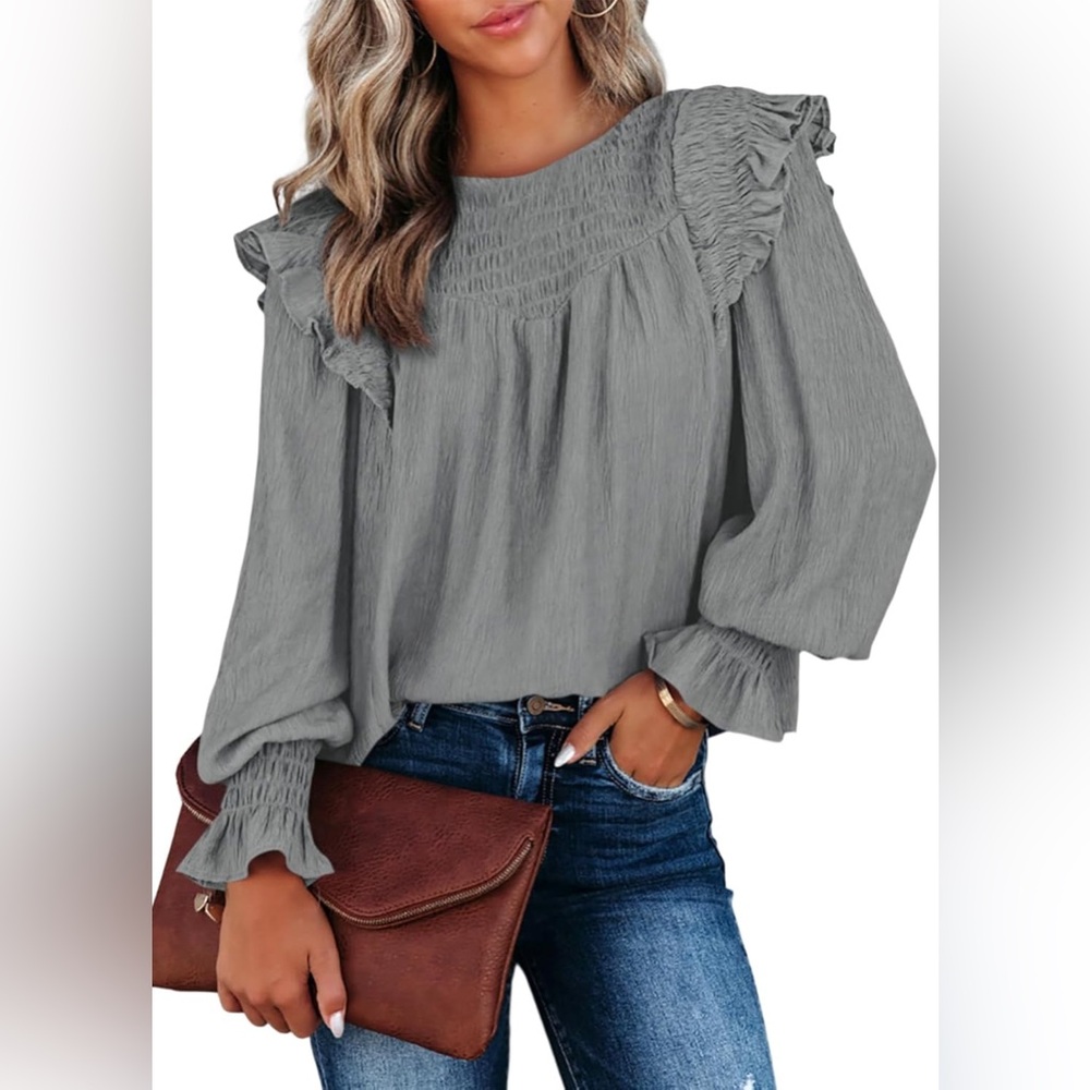 Elegant Women's Gray Ruffled Top Long Sleeve Round Neck Blouse Size M